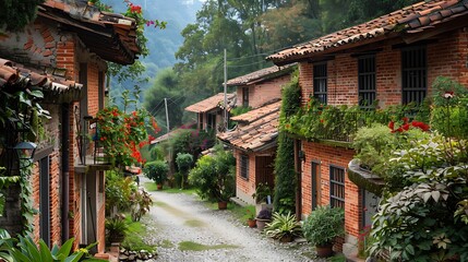 Fototapeta premium Typical brick houses in a faraway village flanked by lovely flora and a clarified way