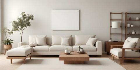 A minimalist living room with a large beige sectional sofa, a wooden coffee table, and a blank canvas on the wall.