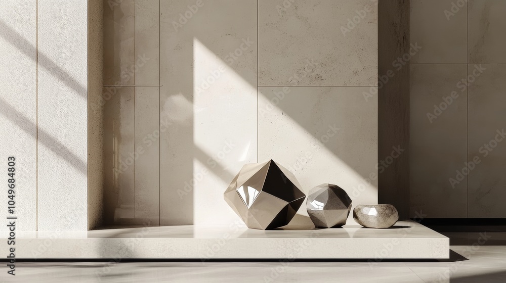 Poster a clean geometric display with a shiny finish, positioned against a neutral backdrop, emphasizing si