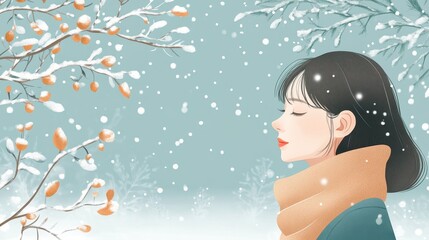 Snow Covered Winter Landscape with Serene Girl