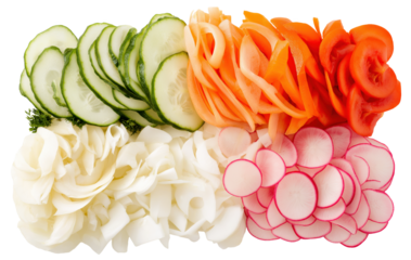 Freshly Cut Cucumber, Radish, Onion, Carrot, and Tomato Slices in Colorful Arrangement on Transparent Background