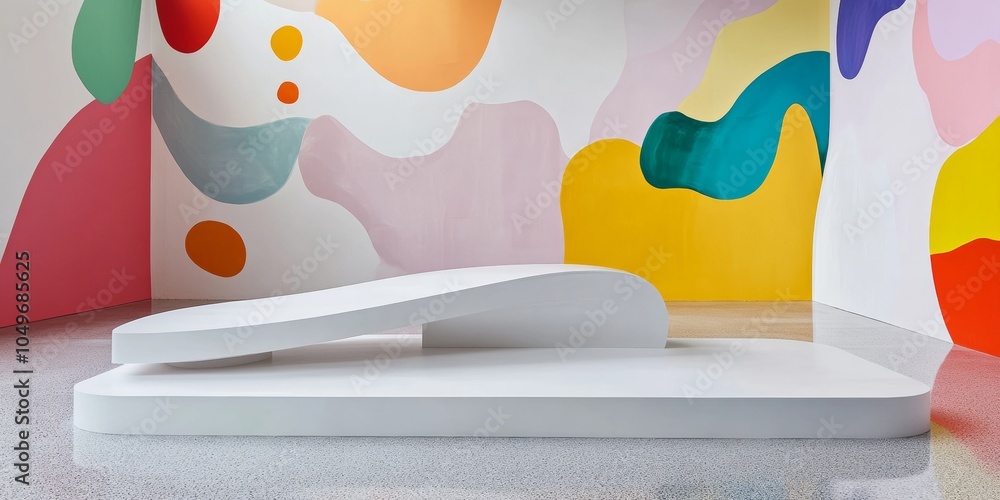 Poster a clean, white platform with a subtle curve, positioned on a textured grey floor, surrounded by colo