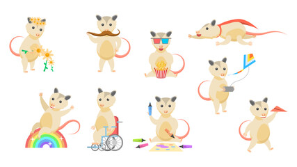 Big Set Abstract Collection Flat Cartoon Different Animal Opossums Vector Design Style Elements Fauna Wildlife