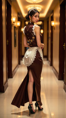 スリットの入ったセクシーなチャイナドレスドレスとメイド服の融合されたドレスを着た美女