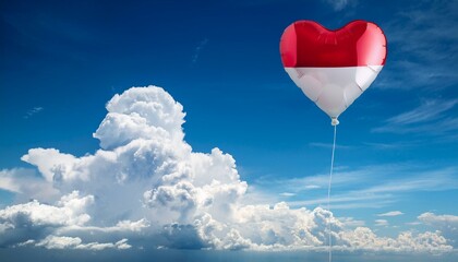 Fototapeta premium インドネシアの国旗のハート型の風船と青空(Indonesia flag heart-shaped balloon and blue sky.) 