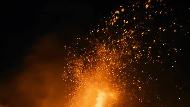 Observe stunning animation fire flakes rising night sky evoking feeling large bonfire bright particles swirling upward perfect creating warm immersive nighttime atmosphere 4k firestorm ash campfire