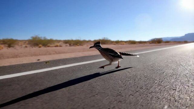 A roadrunner bird standing on the road