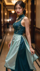 エメラルドグリーンとミントグリーンのドレスをまとい、優雅に振り向く女性の姿がホテルの豪華な廊下に映えるシーン。高級感ある刺繍のディテールとクラシックなインテリアが上品な雰囲気を強調し、洗練されたファッションが引き立つ魅力的な瞬間。