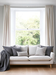Fototapeta premium Bright and airy living room featuring a cozy couch with decorative pillows near a large window