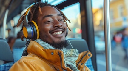Photo of happy man wearing headphones smiling while sitting on bus listening to music