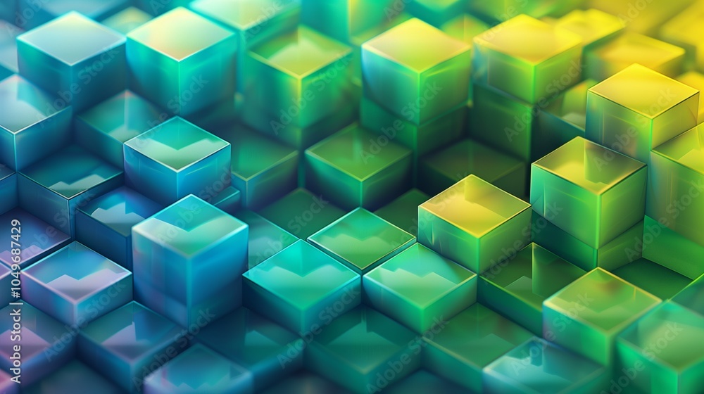 Poster seamless pattern of cubes in blue, green and yellow colors, arranged with perfect distances between 