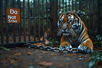 Majestic tiger resting behind bars in a lush forest setting