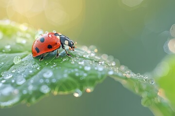 Naklejka premium Close-up of a vibrant ladybug perched on a dewy green leaf, capturing the beauty of nature in soft morning light with glistening water droplets.