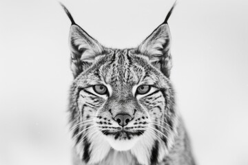 Obraz premium Close-Up Portrait of a Majestic Lynx in Black and White, Capturing Striking Facial Features and Intense Gaze Against a Soft, Neutral Background