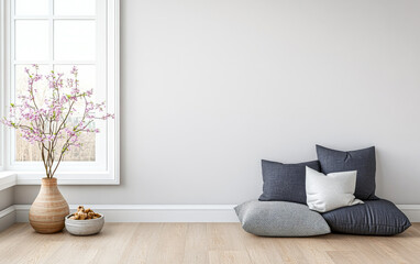Cozy interior corner with cushions, a vase of flowers, and decorative elements in natural light