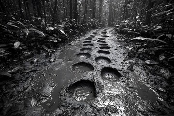 Mystical forest path with elephant footprints in muddy terrain