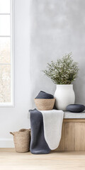 Elegant home decor with natural elements and cozy textiles in a serene indoor setting