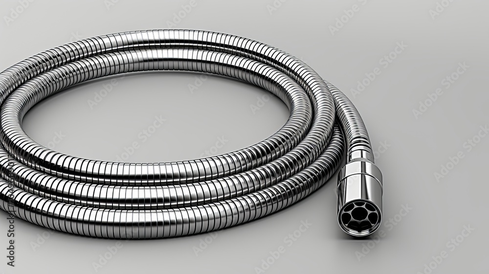 Poster flexible metallic hose coiled on a gray surface with a shiny nozzle attachment