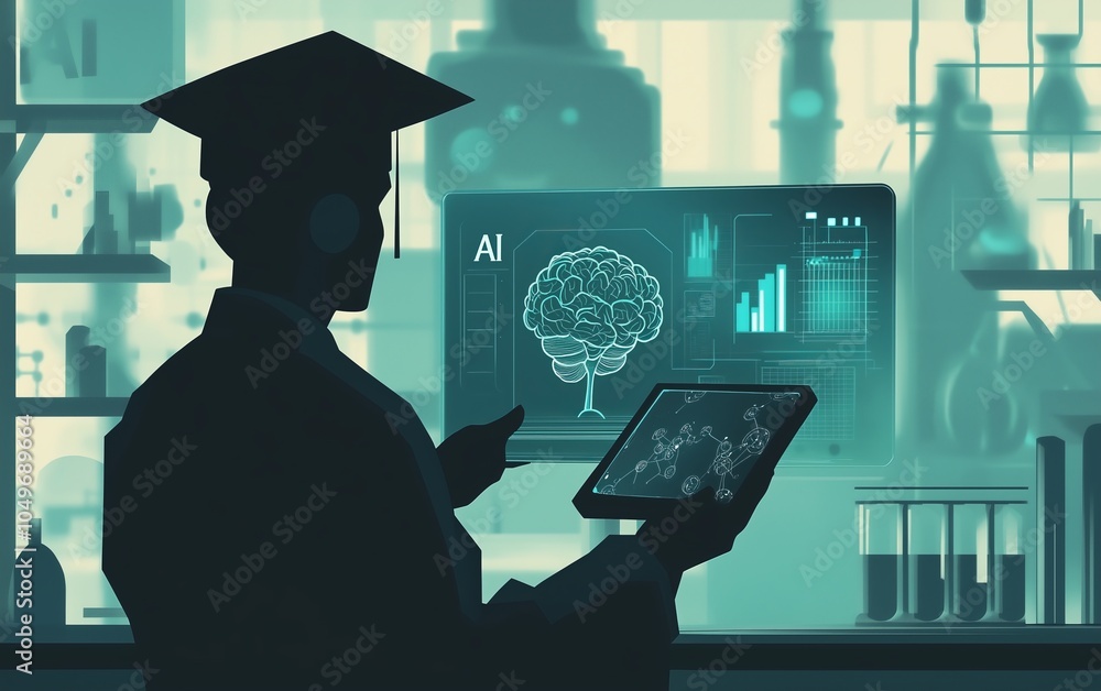 Aufkleber silhouette of a person with graduation cap exploring ai in a modern laboratory setting