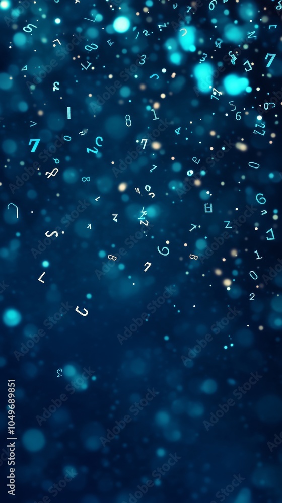 Poster abstract falling numbers on a glowing blue background with bokeh effect
