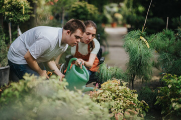 A male with Down syndrome and a female in a wheelchair are watering plants in a garden, showcasing...