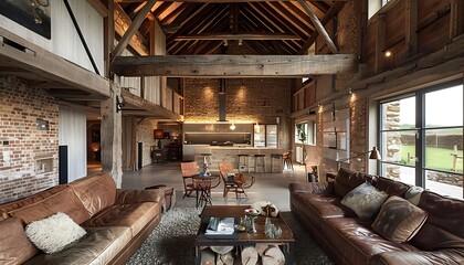 Interior of modern rustic style country house, living room and kitchen