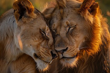 Intimate Moment: Close-Up of Two Affectionate Lions Nuzzling in Golden Light, Capturing the Beauty of Wildlife and Bonding in Nature.