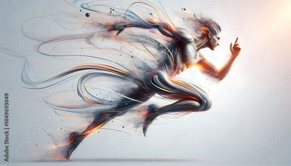 Poster a dynamic digital artwork of a runner in motion, surrounded by abstract lines and light effects, sym