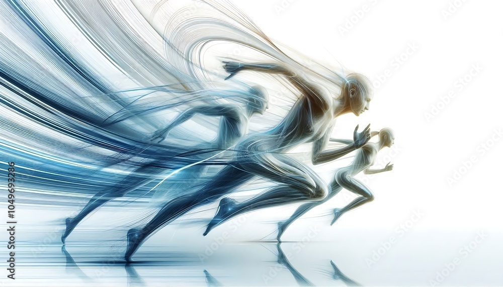 Poster a dynamic digital artwork of a runner in motion, surrounded by abstract lines and light effects, sym