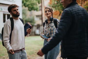 A diverse group of college students engage in conversation while standing outside on a leafy...