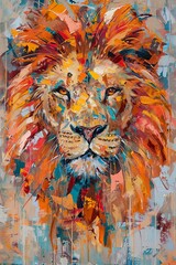 Fototapeta premium Vibrant Abstract Lion Portrait: A Colorful Fusion of Orange, Yellow, and Blue Brushstrokes Capturing the Majesty of Wildlife Art
