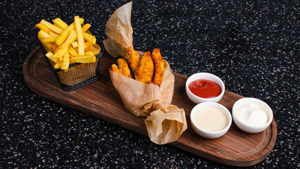Chicken nuggets in paper and fries on tray