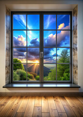 window and sky. window, interior, sky, home, room, house, view, frame, open, glass, architecture, wooden, empty, wall, building, light, wood, design, door, indoors, floor, cloud, new, nature, apartmen
