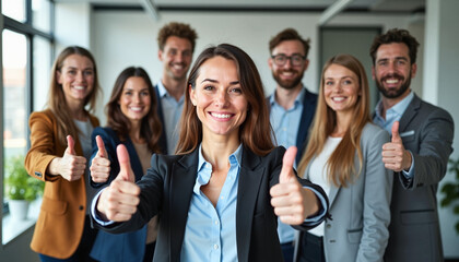 Group of happy professionals giving thumbs up together in a modern office
