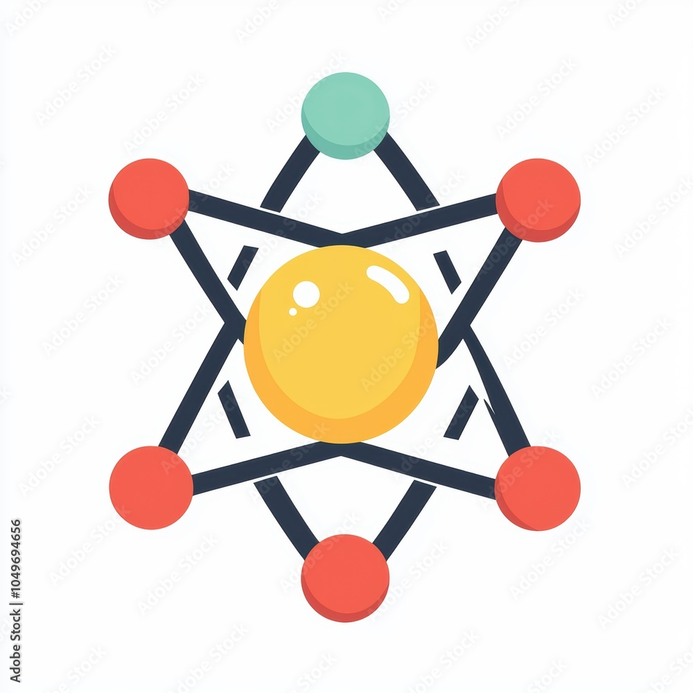 Poster colorful atomic structure illustration, symbolizing science and technology concepts, with nodes and 