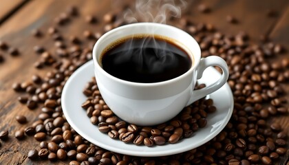 Fototapeta premium A cup of coffee and coffee beans in a burlap sack on an old wooden background