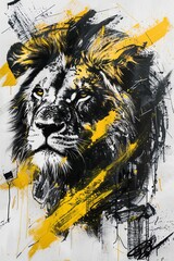 Obraz premium Majestic Lion Portrait: Abstract Black and Yellow Art with Bold Brushstrokes, Capturing the Spirit of the Wild in Contemporary Style