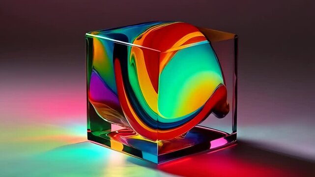 Glass cube with colored liquids inside