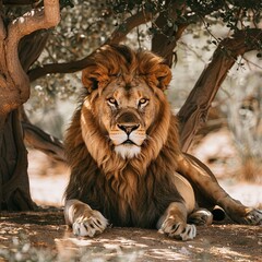 Obraz premium Majestic lion resting under a tree, showcasing its impressive mane and calm demeanor in a serene natural setting. Perfect for wildlife and nature themes.