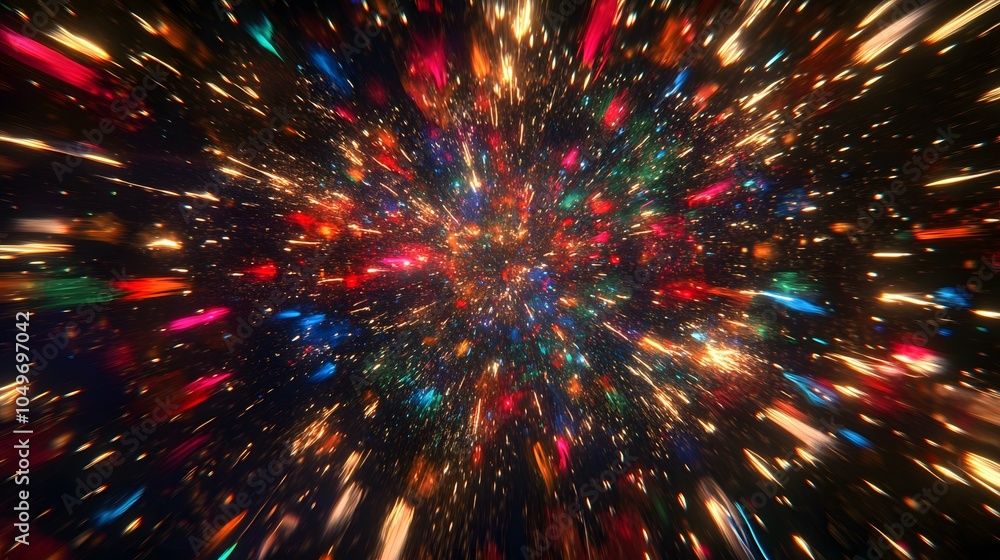 Poster a dazzling display of colorful lights and particles in motion, resembling a cosmic explosion or fest