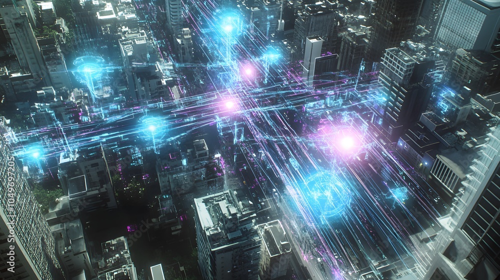 Poster a cityscape with glowing digital lines and nodes symbolizing data flow, network infrastructure, and 