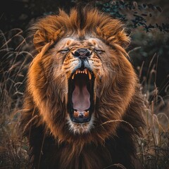 Naklejka premium Majestic Lion Yawning in Golden Grasses: A Striking Close-Up of Natureâ€™s King Showcasing Power and Majesty in a Wild Setting.