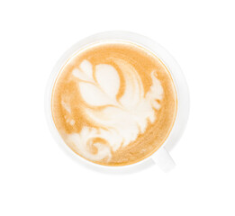 Cappuccino, latte, coffee with milk in a white glass mug. The drawing on the coffee foam. View from above. On a white background. Isolated. Space for text. Copy space