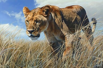 Fototapeta premium Majestic lioness prowling through golden grasses under a bright blue sky, embodying the spirit of the wild in a vibrant, natural landscape.