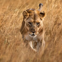 Fototapeta premium Majestic Lioness Stalking Through Golden Grasslands, Capturing the Essence of African Wildlife and Natures Untamed Beauty in a Serene Safari Setting