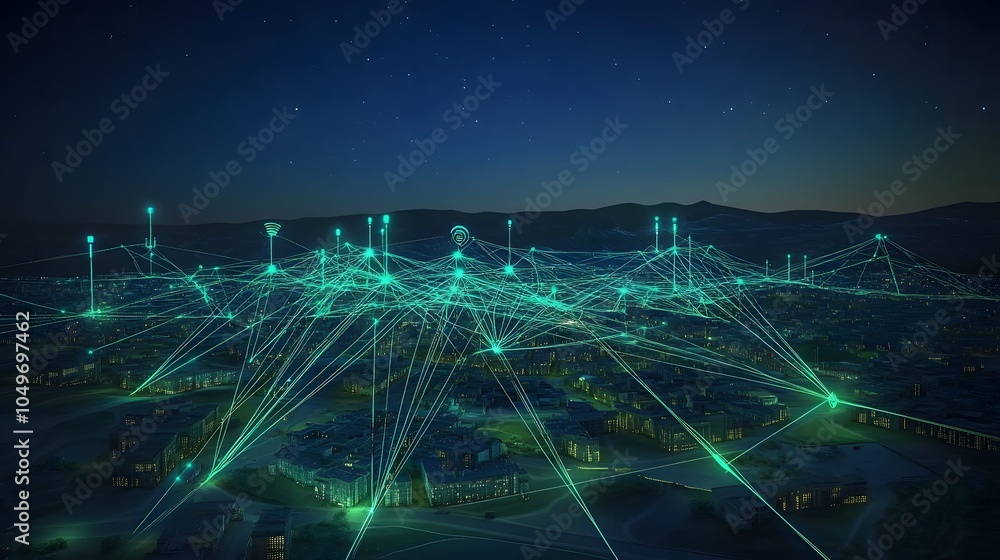 Poster an aerial view of a smart city with digital lines connecting buildings, representing communication, 