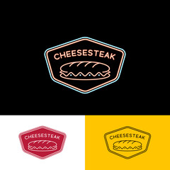 The simple retro emblem logo features a cheese steak. The neon light effect enhances its appeal, using bright colors like pink, yellow, and light blue. 