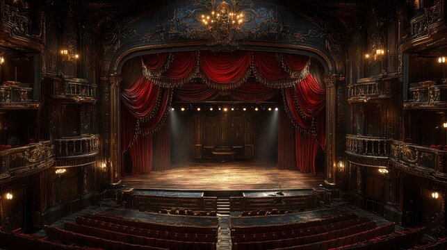 An elegant theatre box with a view of the stage. The box features plush seating and luxurious drapes, providing a sense of exclusivity and comfort. The stage below is set for a performance, with