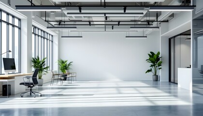 Monochrome style office hall with white wooden slatted partition between workspaces, dark ceiling and wall and big window with city view. Empty office open space interior. Business conference company 