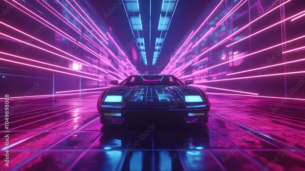 Poster a futuristic car speeding through a tunnel of neon lights, creating a dynamic, high-tech, cyberpunk 